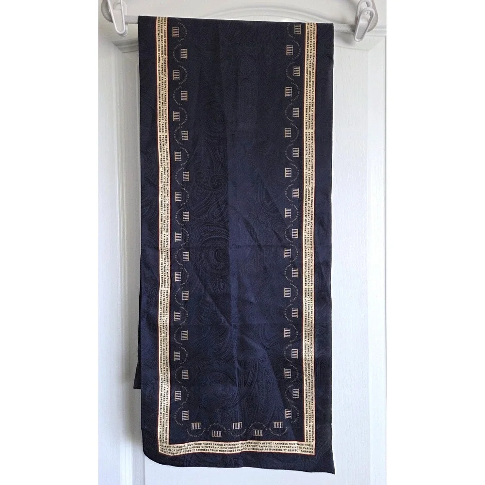 Y2K Character Counts Navy Blue Paisley 100% Silk Scarf Inspirational Values RARE